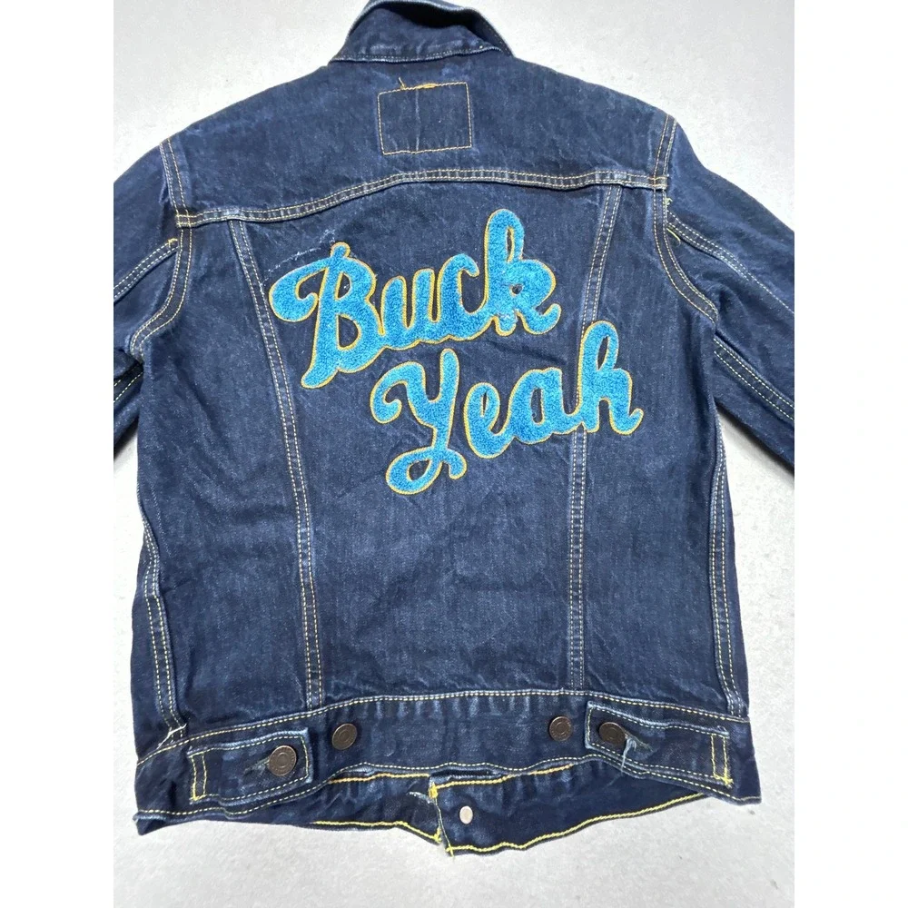 Levi Strauss Denim Trucker Jacket Buck Yeah Embroidery Blue Size Small Mens